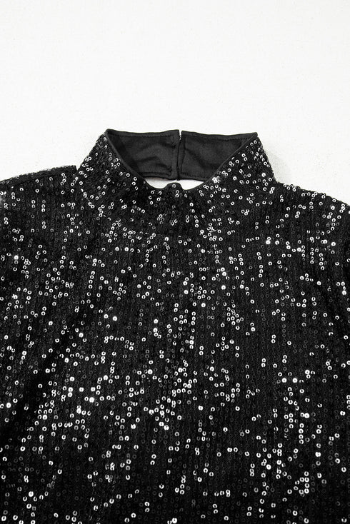 Sequin Mock Neck Drape Open Back Bell Sleeve Lined Top